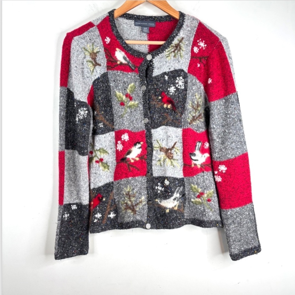 VTG Northern Isles Wool Christmas Cardigan S Patchwork Cardinals Cottage Granny